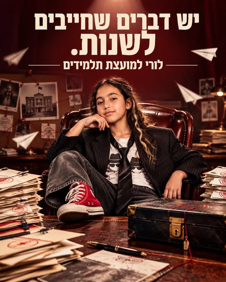 פוסטר: לורי במשרד עם תיקים חסויים ותיק נעול — יש דברים שחייבים לשנות. לורי למועצת תלמידים